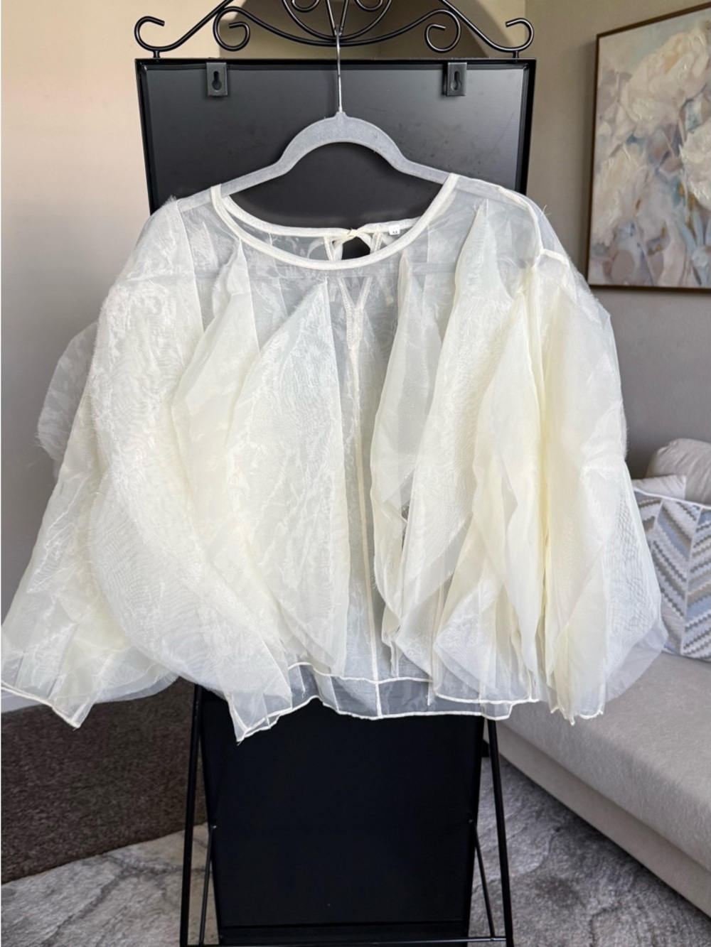 Sheer Cream Puff-Sleeve Blouse with Tie Back